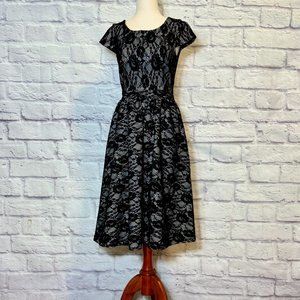 Geode Black & White Lace Fit & Flare Midi Dress